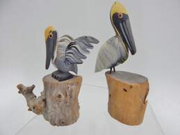2 Carved Wood Pelican Figurines Hand Painted On A Wood Block Base