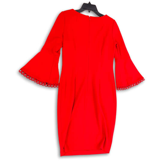 Womens Red Round Neck Bell Sleeve Back Zip Knee Length Sheath Dress Size 6 image number 2