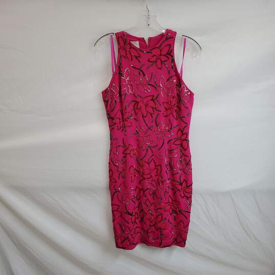 Cache Carmen Marc Valvo Vintage Silk Magenta Beaded Floral Sleeveless Dress WM Size 4 image number 2