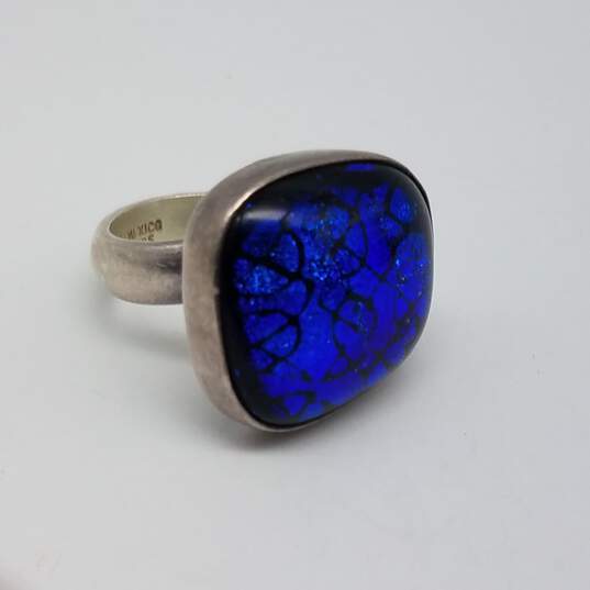 Mexico Sterling Silver Blue Glass Modernist Sz 5 1/2 Ring 14.1g image number 1