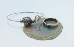 Artisan 925 Modernist Textured Ball Spinner Charm Tension Bangle Bracelet & Slanted & Stamped Band Ring 12.5g
