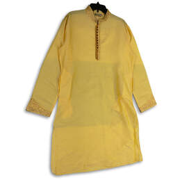 Mens Gold Long Sleeve Cotton Stand Collar Stitched Tunic Kurta Top Size 42