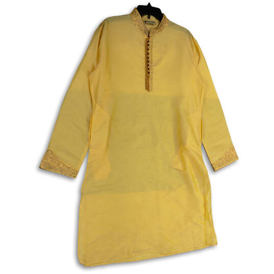 Mens Gold Long Sleeve Cotton Stand Collar Stitched Tunic Kurta Top Size 42 image number 1