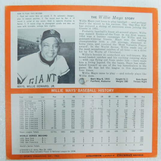 1962 HOF Willie Mays Auravision 33 1/3 Record Giants Mets image number 4