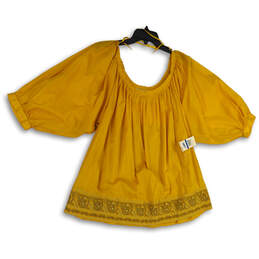 NWT Womens Yellow Round Neck Embroidered 3/4 Sleeve Blouse Top Size XL