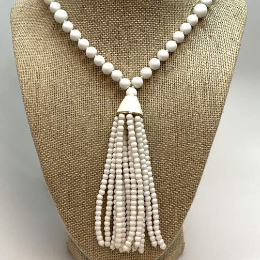 Designer Kenneth Jay Lane Gold-Tone White Beaded Tassel Pendant Necklace image number 1