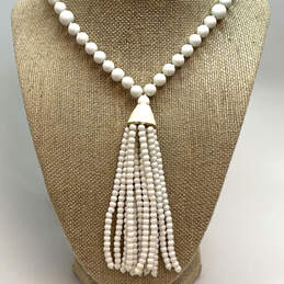 Designer Kenneth Jay Lane Gold-Tone White Beaded Tassel Pendant Necklace