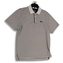 Mens White Striped Collared Short Sleeve Side Slit Polo Shirt Size Medium