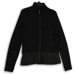 Womens Black Pleated Collared Long Sleeve Peplum Full-Zip Jacket Size XL