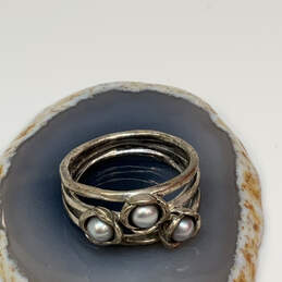 Designer Pandora S925 ALE 56 Sterling Silver Triple Bloom Gray Pearl Ring