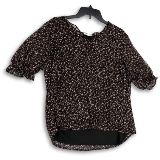 Womens Black Brown Floral Short Sleeve V-Neck Button Front Blouse Top Sz L image number 1