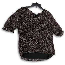 Womens Black Brown Floral Short Sleeve V-Neck Button Front Blouse Top Sz L