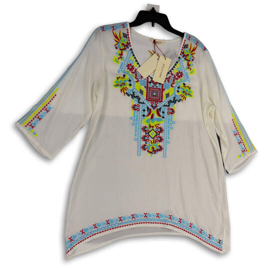 NWT Womens Multicolor Embroidered 3/4 Sleeve Pullover Tunic Top Size Medium image number 1