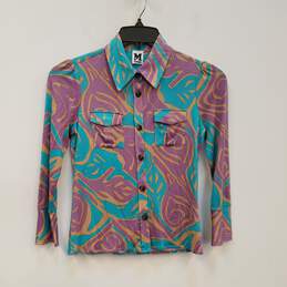 Womens Multicolor Abstract Silk Pockets Long Sleeve Button Up Shirt Size 4