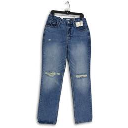 NWT Good American Womens Blue Denim Distressed Medium Wash Straight Jeans 10/30