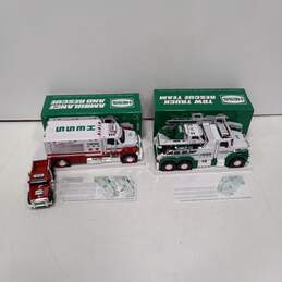 Pair of Hess Toy Trucks White/Green Tow Truck & White/Red Ambulance IOBs