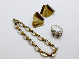 Taxco & Artisan 925 Vermeil & Brass Accents Unique Wavy Post Earrings Geometric Cable Chain Bracelet & Textured Frog Ring 31.7g
