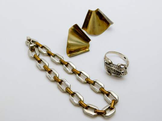 Taxco & Artisan 925 Vermeil & Brass Accents Unique Wavy Post Earrings Geometric Cable Chain Bracelet & Textured Frog Ring 31.7g image number 1
