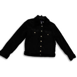 Womens Black Collared Long Sleeve Pockets Button Front Jacket Size Large