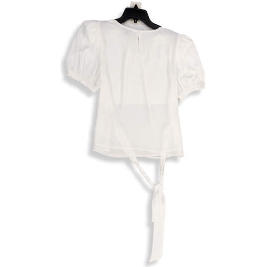 NWT Womens White Puff Sleeve Tie Waist Back Keyhole Blouse Top Size Medium image number 2