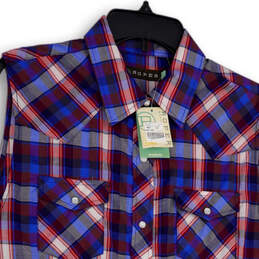 NWT Womens Blue Red Plaid Spread Collar Sleeveless Button-Up Shirt Size L