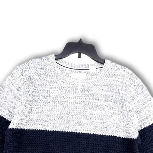Mens Blue White Knitted Long Sleeve Crew Neck Pullover Sweater Size XL image number 3