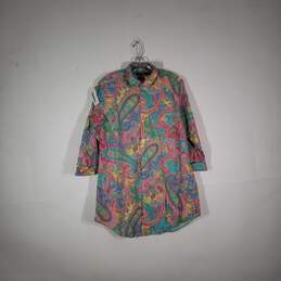 Womens Paisley Collared 3/4 Sleeve Chest Pocket Button-Up Shirt Size Medium