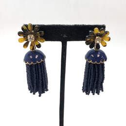 Designer J. Crew Gold-Tone Blue Flower Beads Tassels Drop Earrings