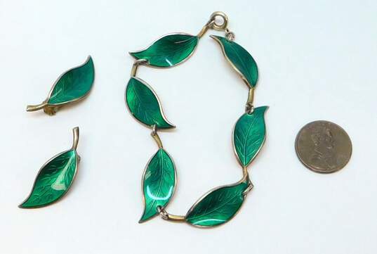 Vintage David Andersen Norway 925 Green Enamel Leaf Bracelet & Clip Earrings Set 16.8g image number 7
