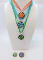 Artisan Blue Orange Green & Dichroic Glitter Art Glass Flower Pendants & Ribbon Necklaces Variety 107.6g image number 1