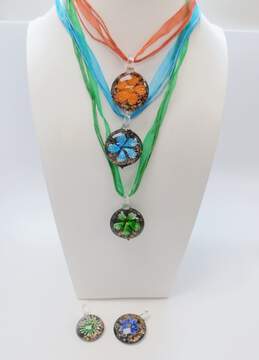 Artisan Blue Orange Green & Dichroic Glitter Art Glass Flower Pendants & Ribbon Necklaces Variety 107.6g