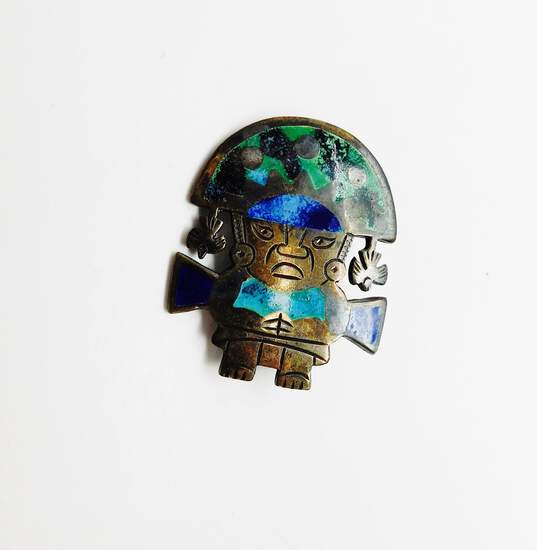 Artisan Peru 925 Blue & Green Enamel Inlay Figural Brooch image number 1