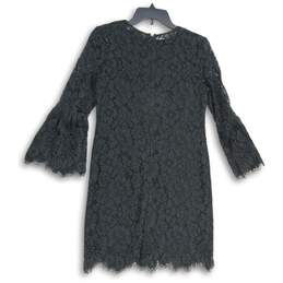 Womens Black Floral Lace Crew Neck Bell Sleeve Back Zip Mini Dress Size 0 alternative image