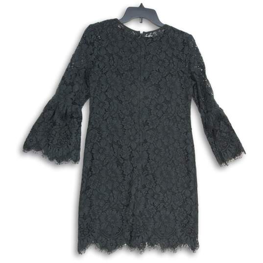 Womens Black Floral Lace Crew Neck Bell Sleeve Back Zip Mini Dress Size 0 image number 2