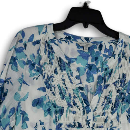 Womens White Blue Floral Split Neck Long Sleeve Pullover Blouse Top Size L image number 3