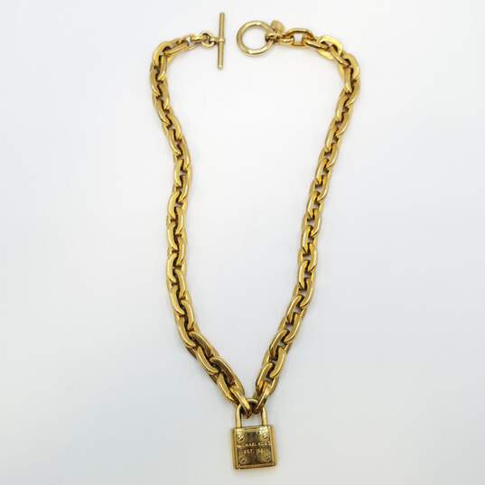 Michael Kors Gold Tone Crystal Chain Link Lock Pendant Toggle 17in Necklace 91.3g image number 5