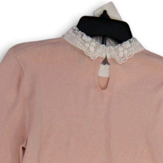 Womens Pink Floral Lace Peter Pan Collar Tight-Knit Pullover Sweater Size M image number 4