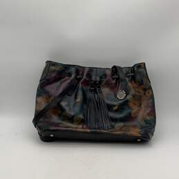 Womens Black Floral Leather Drawstring Double Handle Shoulder Handbag Purse