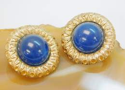 Givenchy Goldtone Blue Cabochon Textured Circle Clip On Earrings 18g