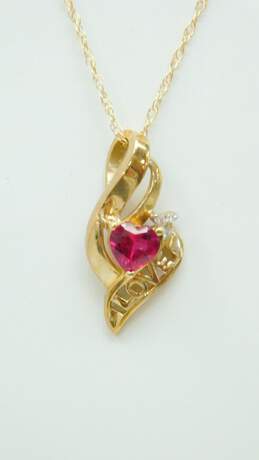 10K Yellow Gold Ruby & Diamond Accent Love Heart Pendant Necklace 1.9g