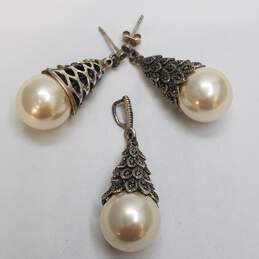 Sterling Silver Marcasite Faux Pearl Jewelry Bundle 2pcs 14.5g