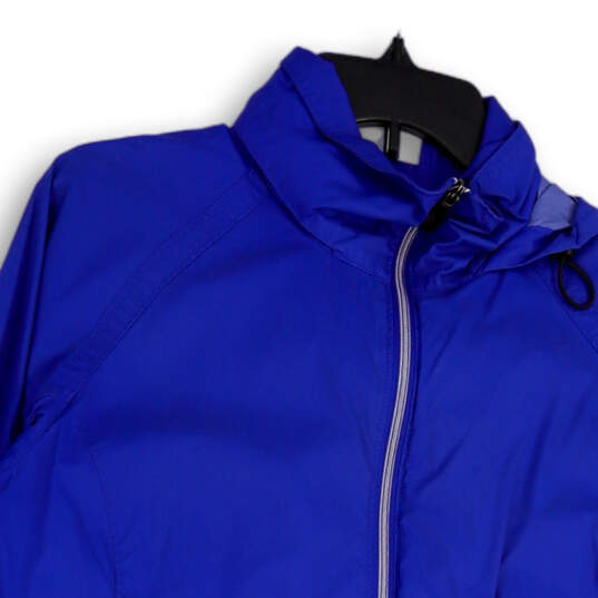 Womens Blue Long Sleeve Pockets Hooded Full-Zip Rain Jacket Size Medium image number 3