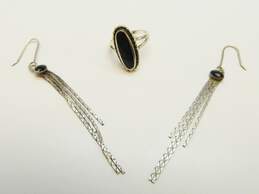 Artisan 925 Southwestern Onyx Cabochon Cobra Chains Tassel Drop Earrings & Black Faux Stone Granulated Ring 8.8g