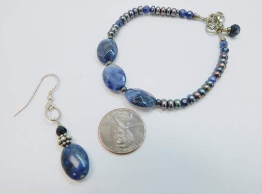 Artisan Sterling Silver Sodalite & Pearl Necklace Bracelet & Dangle Earrings 65.6g image number 4