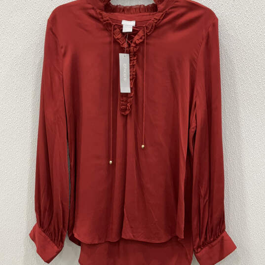 NWT Womens Red Ruffle Criss Cross Neck Long Sleeve Pullover Blouse Top Sz 1 image number 1