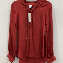 NWT Womens Red Ruffle Criss Cross Neck Long Sleeve Pullover Blouse Top Sz 1