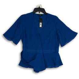 NWT Womens Blue V-Neck Ruffle Flutter Sleeve Wrap Pullover Blouse Top Sz S
