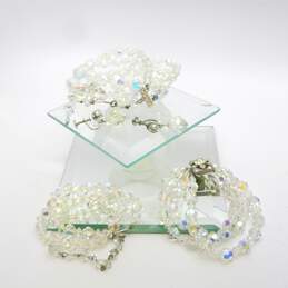 Vintage Silvertone Clear Aurora Borealis Crystal Beaded Necklaces Multi Strand Bracelet & Screw Back Drop Earrings 117.4g