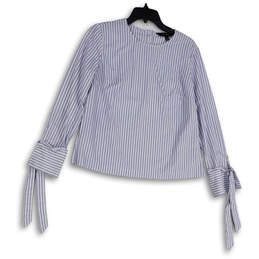Womens Blue White Striped Round Neck Long Sleeve Pullover Blouse Top Sz MP