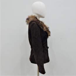 Vintage Marshall Fields & Company Brown Leather Belted Raccoon Fur Trim Women's Coat alternative image